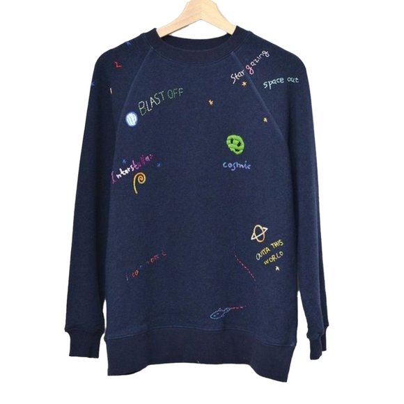 I Stole My Boyfriend's Sweatshirt Navy Blue Cosmic UFO Women’s Size M/L - Picture 1 of 5